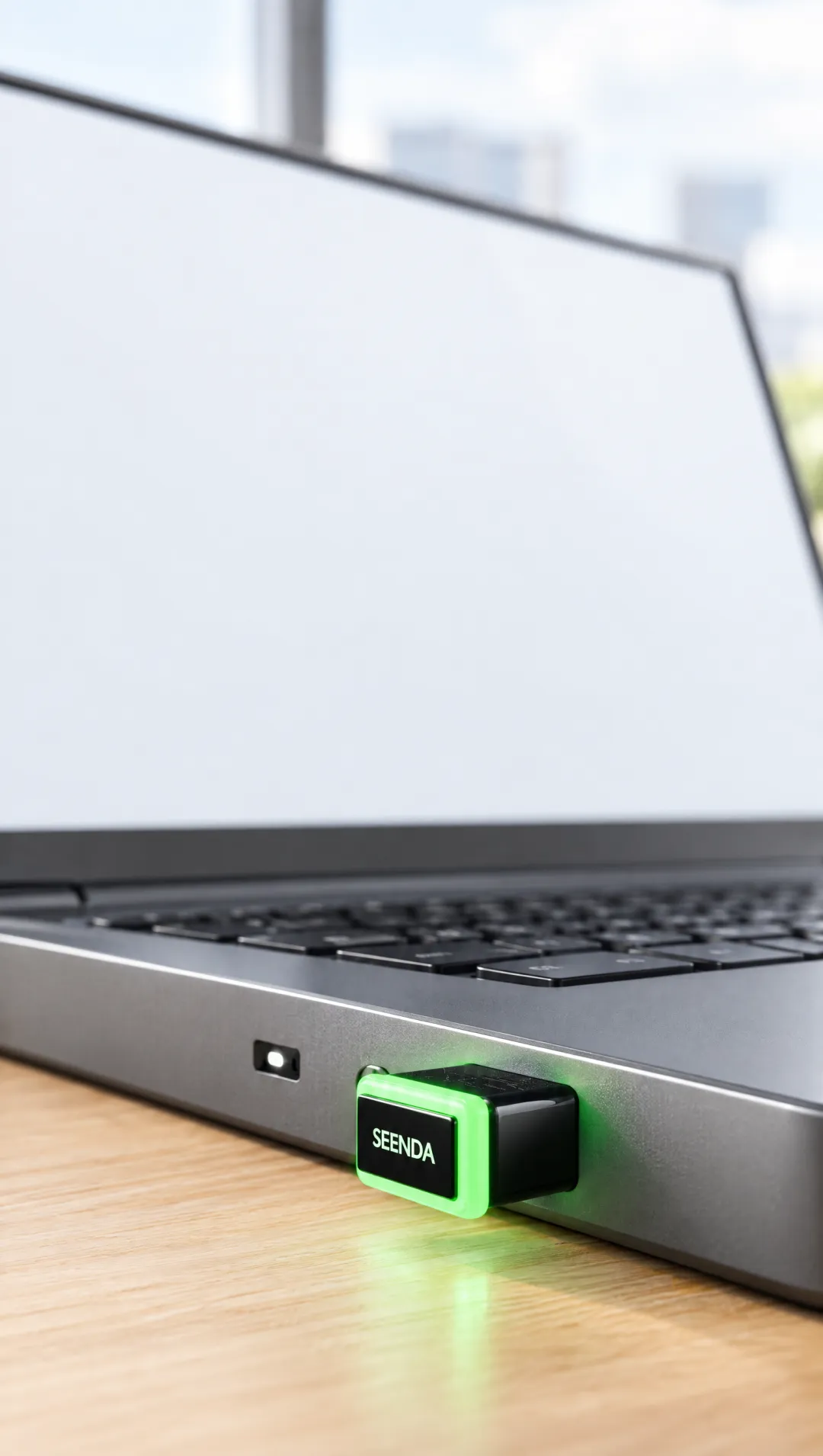 Der jiggler steckt seitlich im USB-A-Anschluss eines Laptops, sein LED-Ring leuchtet grün.